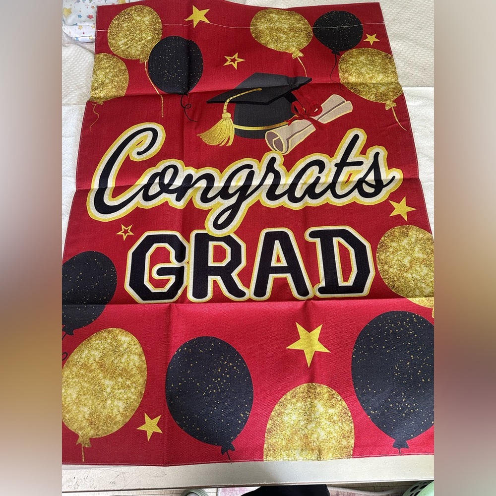 Congrats Grad Banner - Red, Black & Gold Graduation Flag